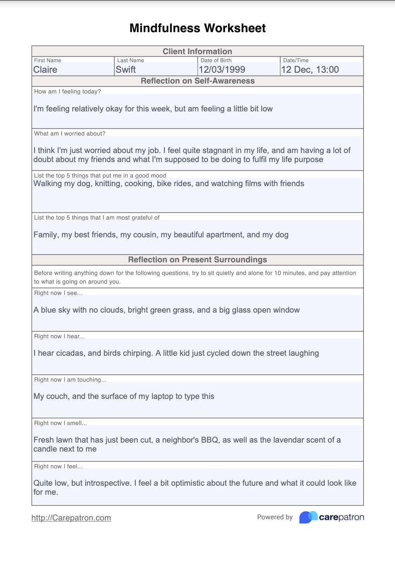 Mindfulness Worksheet Example Free PDF Download